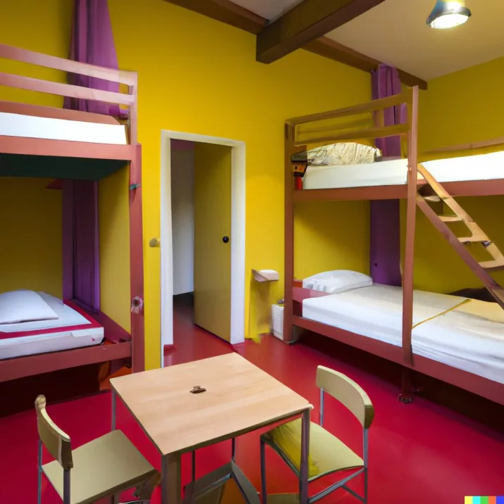 bunk beds in hostel interior with a table and chairs jpg