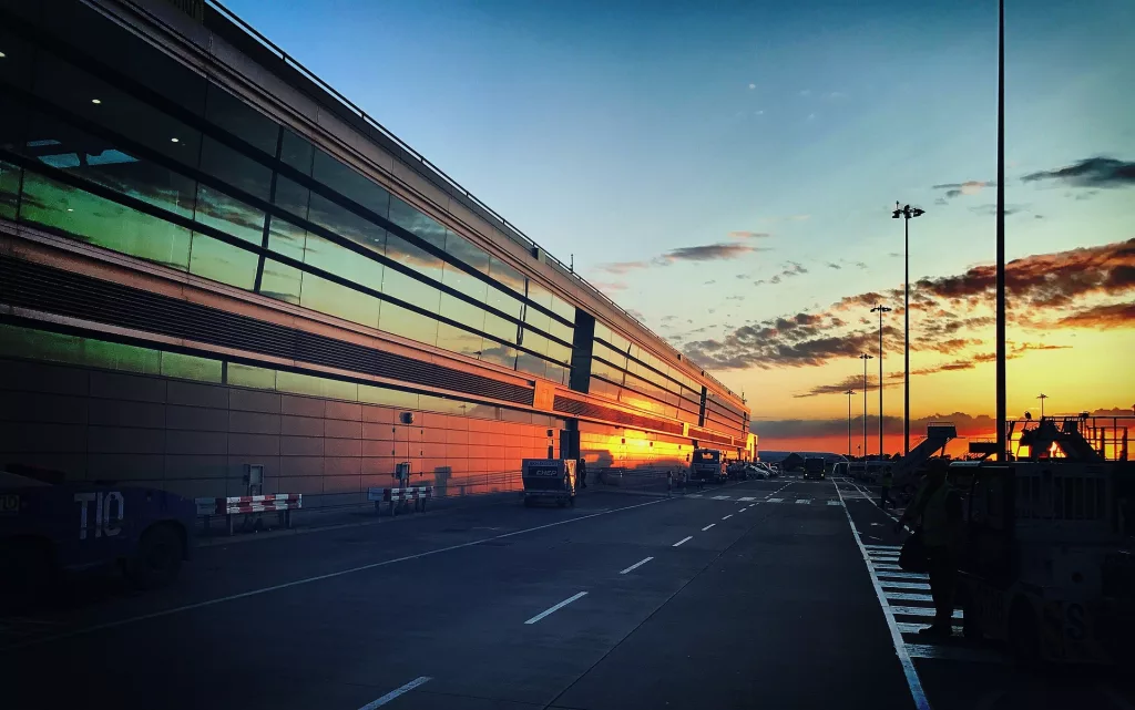 dublin airport terminal building at sunset