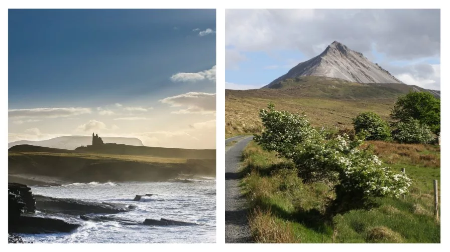 a mountain range and a scenic coastal area  in Donegal