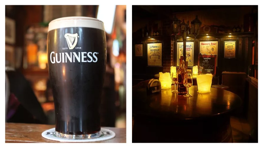 a pint of Guinness and an the inside of an irish pub