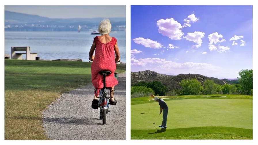 a woman cycling on a bike and a man playing golf