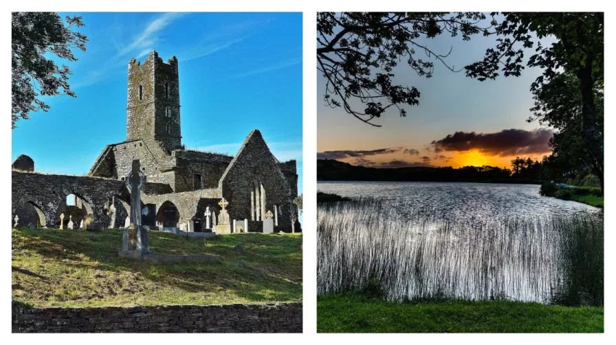 an old church in cork and a lake with a nice sunset