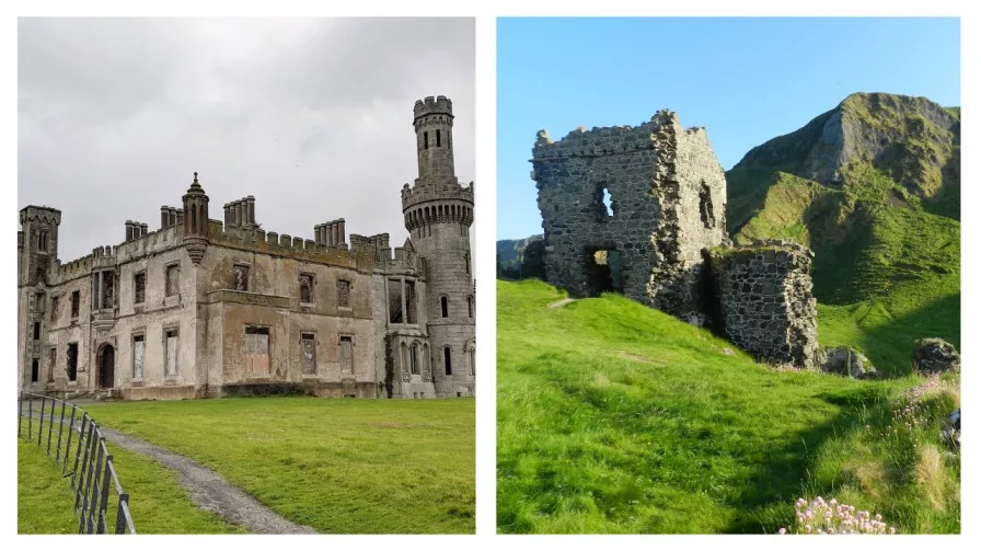 an old ruined irish castle and ducketts grove building in carlow ireland