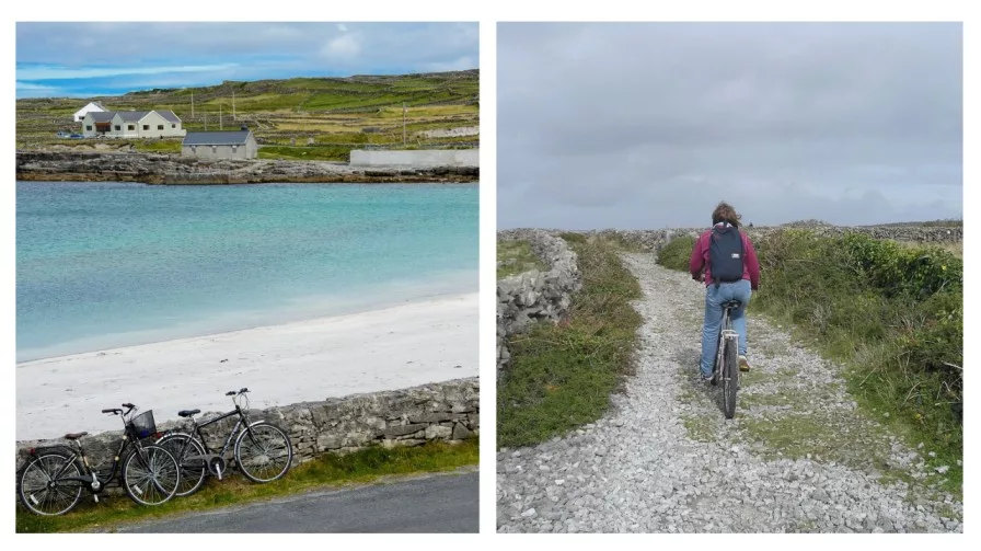 the aran islands landscape and a woman cyling on the island