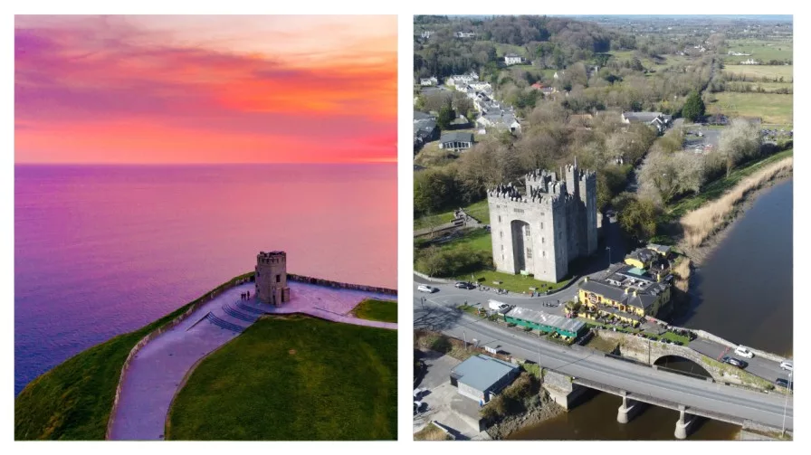 the cliffs of moher and a drone image of bunratty castle