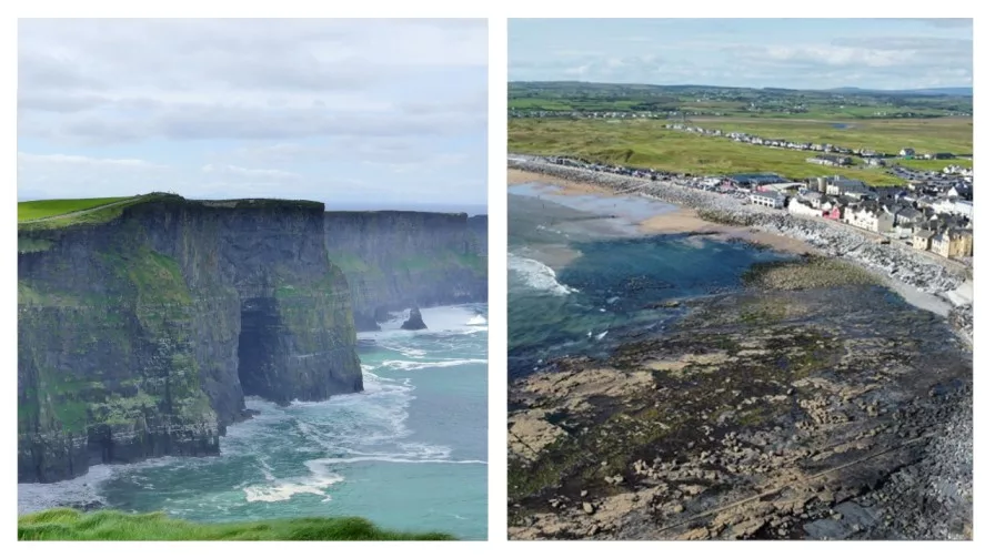 the cliffs of moher and drone image of lahinch beach Clare Ireland
