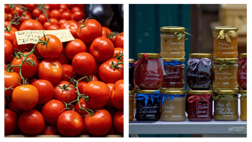 two images of fresh products, jam and tomatoes