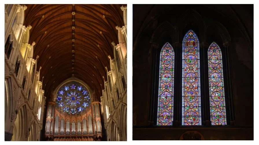 two images inside of an irish church, stained glass