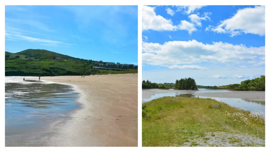 two images of beaches in cork ireland with sand and blue skys