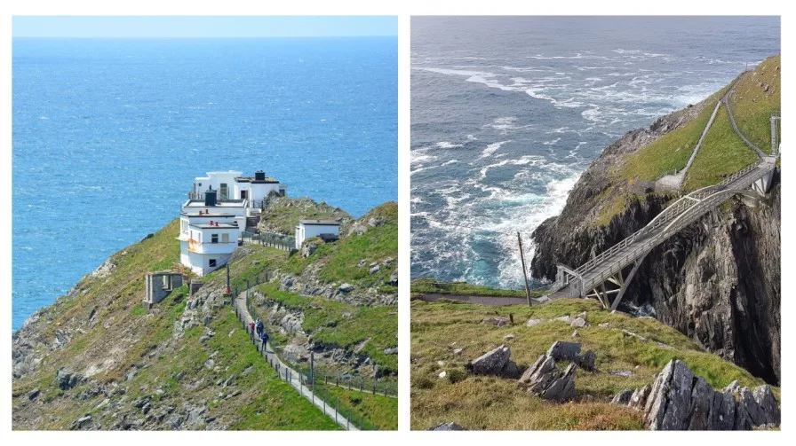 two images of mizen head in cork  showing the light house and the Atlantic ocean
