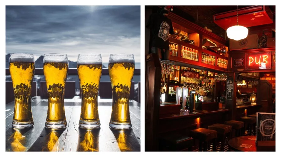 two images of pints of beer and an Irish pub interior with nice lighting