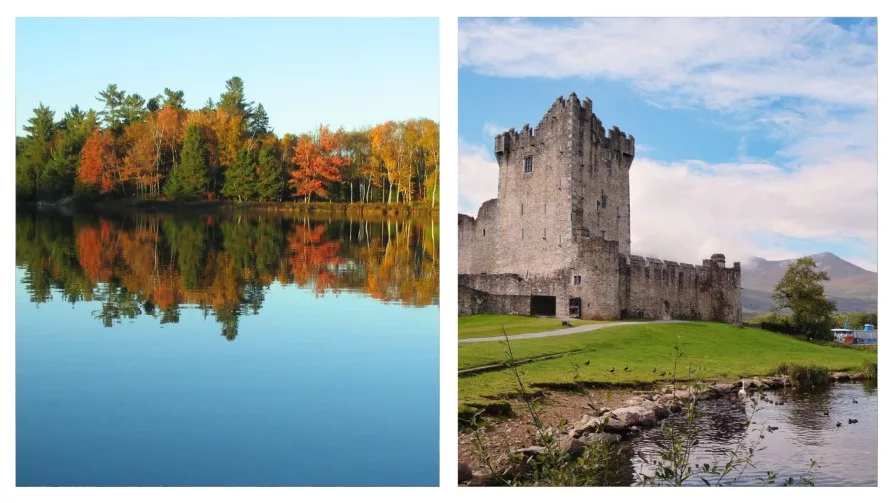 two images of ross castle and surrounding lakes 