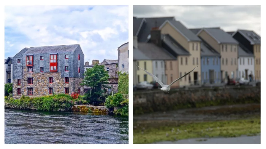 two images of the houses along the waterfront in galway