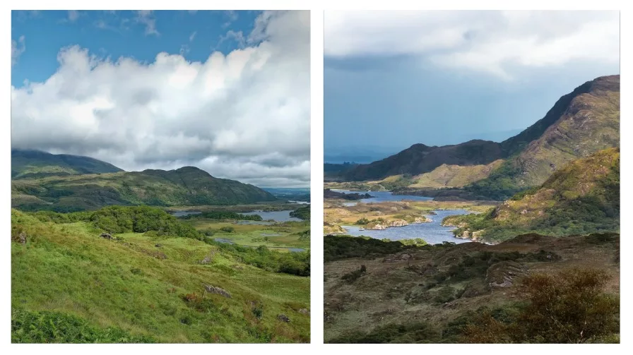 two images of the view at ladies view kerry in ireland